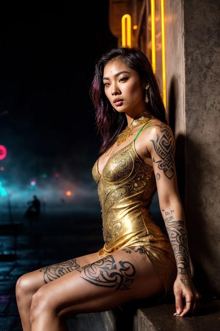 (wide shot from below:1.1) on a (beautiful asian girl:1.2) (slim face:1.4), (golden ink intricite runic pagan tattoos on the neck :1.4), long burgundy hair with gold highlights, (fitness body type:1.2), (pale skin:1.1), busty, (dust, fog, mist, particles around her body: 1.35), (angry looking straight at viewer) Deep view, (lights:1.1), (detailed skin textures:1.1), (bokeh, particle efects,:1.3), , ( in night city after rain and neon lights:1.3),( she is wearing tight short gold ornate dress:1.1), <lora:add_detail:1> (nigt:1.1), (sits on a wall)