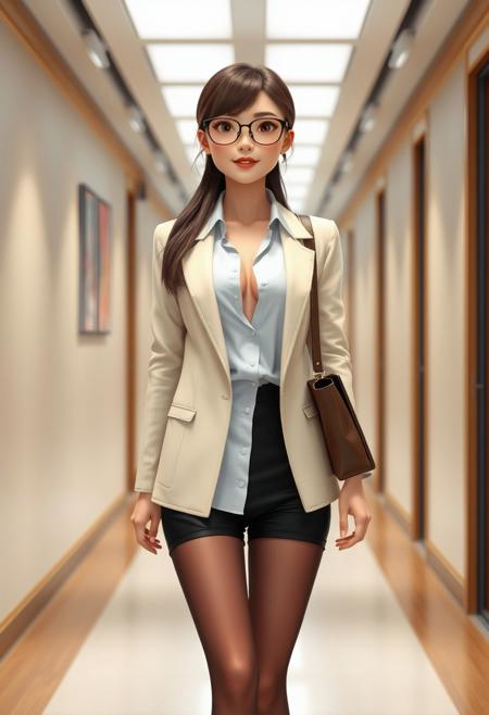 a cute Chinese office in 22-yr lady with long brown hair and glasses. She is wearing an ivory jacket see through open chest white shirt with black mini shorts and brown pantyhose walking in the corridor. Best quality 3D animation. Her body is Q size.