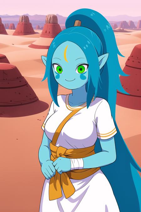 <lora:Canyon_Adventure_Time-06:0.8>, 1girl, solo, long hair, smile, upper body, green eyes, blue hair, pointy ears, colored skin, sandals, facial mark, bandages, forehead mark, desert, ponytail, very long hair, short sleeves, white dress, short dress, blue skin, medium breasts,