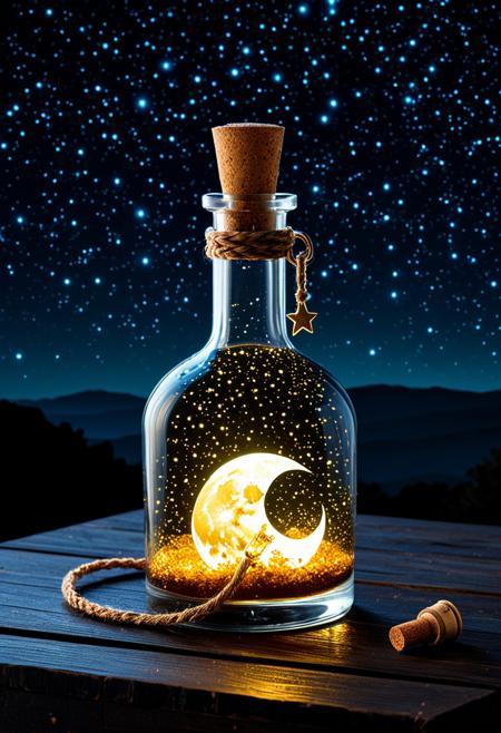 digital artwork depicting a glass bottle filled with glowing, ethereal light. The bottle, made of clear glass, is shaped like a traditional apothecary bottle with a narrow neck and a wide base. It is sealed with a cork stopper, tied with a brown, braided rope that dangles from the neck. The bottle is set against a dark, starry night sky, with numerous tiny, glowing stars scattered throughout the background, adding a mystical and magical ambiance. Inside the bottle, a bright, glowing full moon is visible, casting a warm, golden light that illuminates the inside of the bottle and creates a radiant, almost magical effect. The moon's glow extends outward, creating a halo effect and causing the bottle to appear as if it is filled with a glowing, celestial substance. The bottle rests on a dark, wooden surface, which reflects the light from the moon, adding to the overall enchanting and mystical atmosphere of the scene. The image is a combination of realistic and fantastical elements, creating a surreal and otherworldly visual experience.
