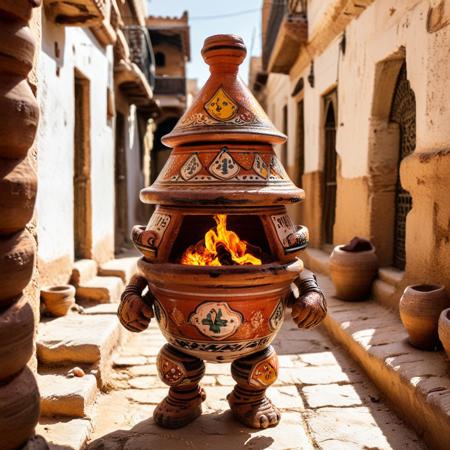 an ornate golem crafted from stacked miniature tagines, joints sealed with cinnamon resin, body painted in weathered glaze and saffron pigment, eyes glowing with trapped spice embers, walking slowly through a sunlit kasbah alley, Tagine