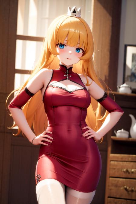 masterpiece, best quality, highres, 1girl mini crown <lora:goumon_hime_no_outfit:1> china dress, hand on hip