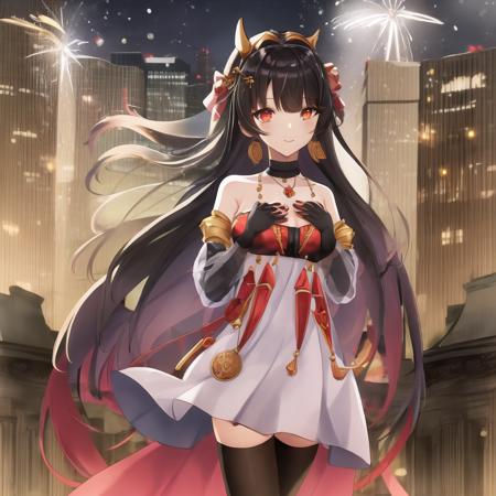 1girl, masterpiece, highest quality, best quality, , highly detailed, best illustration, Luciadress , straight hair, dress, black thighhighs, (see-trough sleeves) ,  <lora:Lucia-08:0.8>, night, jewelry, city, Skyscraper, looking at viewer, solo focused, blurry, , detailed, cowboy shot, very good lighting,see-trough, hair ornament, very good hands,