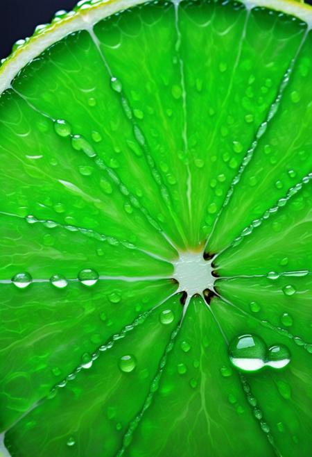 Stunning close-up photograph of a vibrant lime slice, showcasing the beauty of the fruit's green flesh and the allure of its glistening water droplets. The image captures the essence of the lime in breathtaking detail, highlighting its refreshing and organic nature. The photograph is a work of art in itself, with a rich green color palette and a stunning display of liquid textures that create a sense of movement and energy. This photorealistic image invites viewers to appreciate the simple beauty of the lime and the artistry of macro photography.