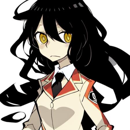 dowman sayman,   <lora:dowman_sayman_lora-30:1>, 1girl, kuroki tomoko, tomoko kuroki, black hair, (bags under eyes), hair between eyes, long hair, skirt, schoolgirl uniform, jacket, yellow jacket, tie