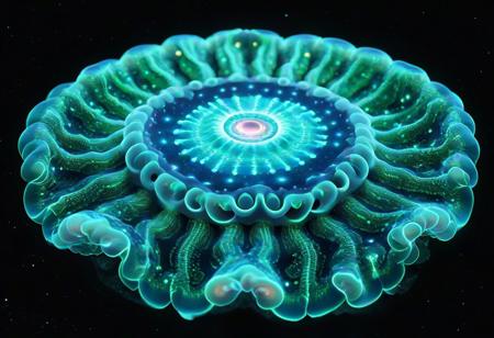 bioluminescent
coral,
 reflection, 
 radiant, star 
black background
outer space 
vibrant green double helix rings encircling t
 high-tech viral anatomy with glowing geometry,
 (((landscape)))
(alien skyscrapers)
skyscrapers
(geometric mandala)