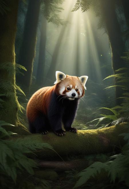 The image is a digital illustration of a mysterious and strange scene in a forest. The focal point of the image is a red panda (Ailurus fulgens) in the middle of the frame. The background is filled with tall trees and ferns, creating a canopy of dense greenery. A bright light shines through the trees, casting a warm glow over the scene. The general atmosphere of the illustration is strange and mysterious