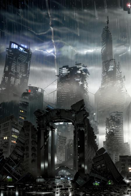 ttruins,ruins,city, (8k,RAW photo,masterpiece, best quality,CG,epic realistic,official art,), <lora:Moderncity_ttruins:1>,rain,night,