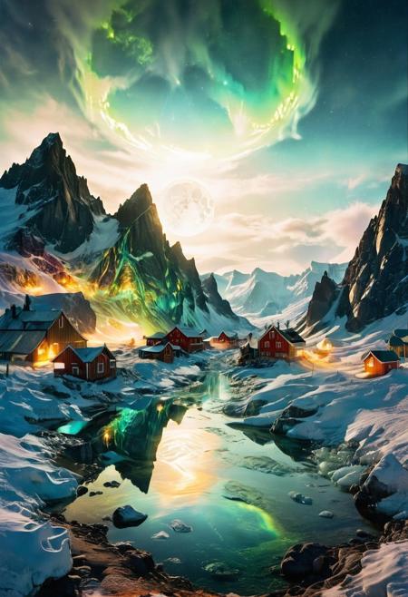 (by Ellen Jewett:1.5), (Bioluminescent Impressionism, Greenland  landscape, The Dreamland,, their peaks veiled in mist. mixed media, surrealism, great lighting, A surreal landscape highly detailed . extremely high-resolution details,  appears trapped in an optical illusion of reflections and refractions colorful , mountains and village in Greenland, professional photography, natural lighting, volumetric lighting maximalist. intricately detailed, complex, elegant, expansive, fantastical,snow, ice, night, moon,  ethereal landscapes, depth of field, biotech emotion:1.3) <lora:xl_more_art-full_v1:0.5> <lora:add-detail-xl:1> <lora:RMSDXL_Creative:2>. GhostlyStyle