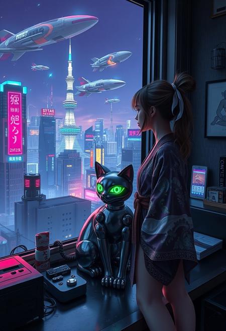 A small highly detailed Shiny Metal Mechanical Robot Cat with glowing green blue eyes sits on a cluttered metal riveted desk next to a maneki neko statue and a small Nintendo , the robot cat is looking out to a floor to ceiling window that looks out over a futuristic cyberpunk Tokyo skyline with skyscrapers, holographic advertisements, futuristic airships covered with lights and advertisements in Japanese, a space elevator, (((a tall thin beautiful young woman, 22 years old, is standing next to the cat looking out at the city through the window))), The woman is dressed in an sexy ornate Japanese style bath robe, her lower legs are visible.  The woman's hair is messy from just waking up and tied up with a ribbon. Artistic cyberpunk, dynamic perspective, a translucent neon projection of a strip club bar advertisement displaying a partially dressed woman is visible on a nearby building,