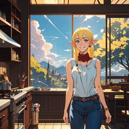 (tuka_luna:1.2),upper_body,1girl,elf,elf_ears,solo,blonde_hair,very_long_hair,smiling,happy,blue_eyes,white_shirt,white_tank_top,bow,denim,jeans,pointy_ears,absurdres,hires eyes <dalcefo,dal,realistic, masterpiece,sfw, crystalline,sharp focus,hard edge, breathtaking, hyperrealism,max details,HDR,UHD,DTM,bloom,chromatic aberration, ambient occlusion,dim light, 8k, 4k, finely detailed face,victorian era style, detailed digital painting in the style of Mandy Jurgens,Rachel Walpole style,Malgorzata Kmiec style,wlop style,greg rutkowski style,Terada Katsuya style, Studio Ghibli style, trending on pixiv, aestheticism, anime, anime aesthetic, artstation hd)>, (highly detailed kitchen background with window, trees,clouds,sunrays), ,<lora:Tuka_Luna_Marceau_LoRa:0.8>