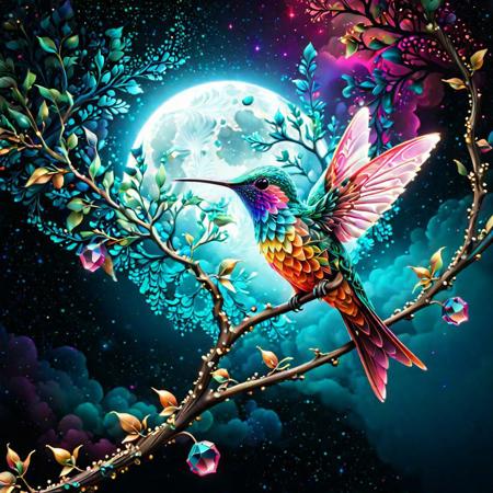 "Fractal Filigree: colourful humming bird standing on a branch, made of crystal on bioluminescent glow starry skies night, Large moon. soft lighting, sharp focus, paint drops, smooth edges, trending on artstation, studio photo, intricate details, highly detailed", "abstract vector fractal, wave function, Zentangle, 3d shading"