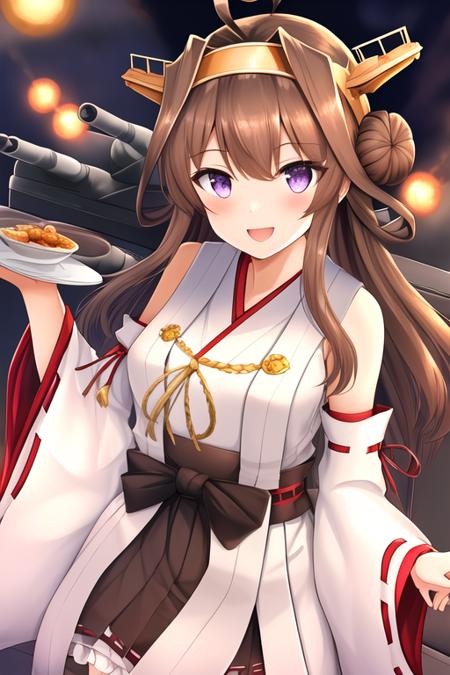 masterpiece, best quality, highres, solo, {kongou_kantaicollection:1.10}, brown_hair, long_hair, ahoge, hairband, hair_bun, double_bun, headgear, nontraditional_miko, smile, purple_eyes, open_mouth