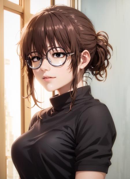 masterpiece, (photorealistic:1.5), best quality, beautiful lighting, 1girl, solo, <lora:uguisuAnkoYofukashiNo_v10:0.6>, uguisu_anko, glasses, round eyewear, brown hair, folded ponytail, black eyes, turtleneck sweater, black sweater, short sleeves, upper body, indoors