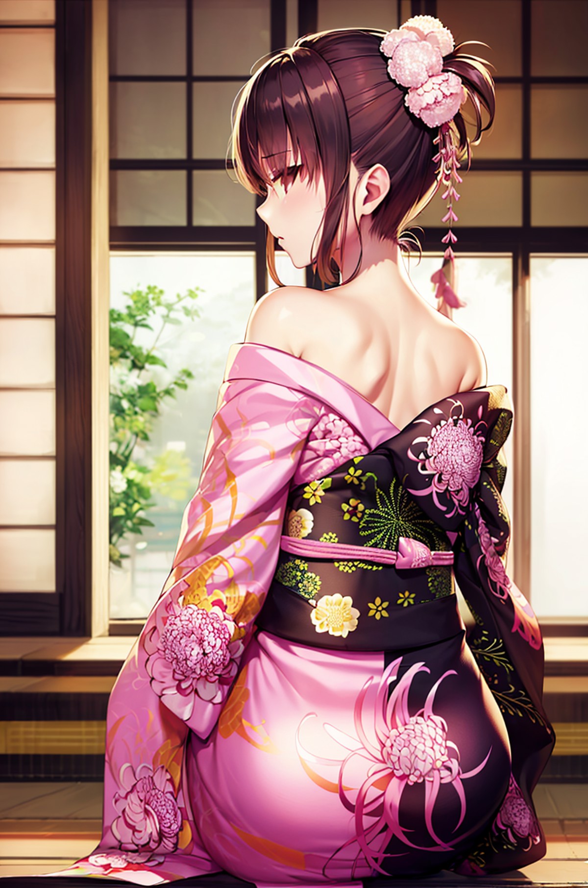(masterpiece,best quality, detailed), 1girl, solo, indoors, sitting, from behind, off shoulder,
ryougi shiki, sash, floral...