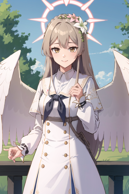 <lora:Kirifuji Nagisa-000010:1>, (masterpiece, best quality:1), 1girl, solo, kirifuji nagisa, long hair, smile, bangs, hair ornament, long sleeves, dress, holding, closed mouth, wings, hair flower, neckerchief, halo