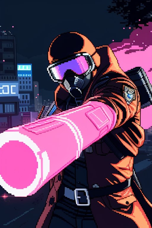 (swat man), (pixel art), detailed, torso, gloves, mask, goggles, action pose, trench coat, pink