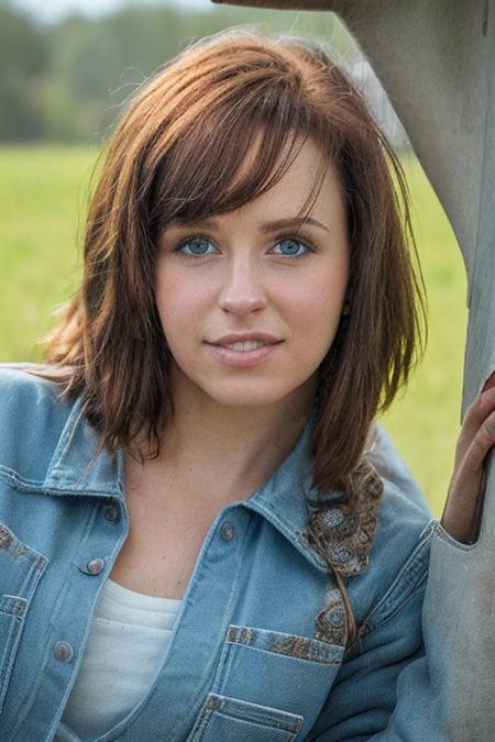 closeup, facing viewer, eye contact, (masterpiece:1.1), (highest quality:1.3), (realistic:1.3), (realism, hyperrealism:1.2), intricate detailed skin, (high detail:1.1), wearing denim overalls on a dairy farm with barn behind her, high dynamic range, directional lighting, sharp focus, <lora:HaydenWinters4:0.9>