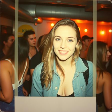 I need a 1:1 ratio image. It should look like a polaroid from the late 90s. The  main character the women on the photo. caught in a casual, imperfect moment. The background shows partying in a dirty house basement while with people partying behind. The photo has the authentic look of low-light polaroid photography with motion blur and poor framing typical of real party snapshots.