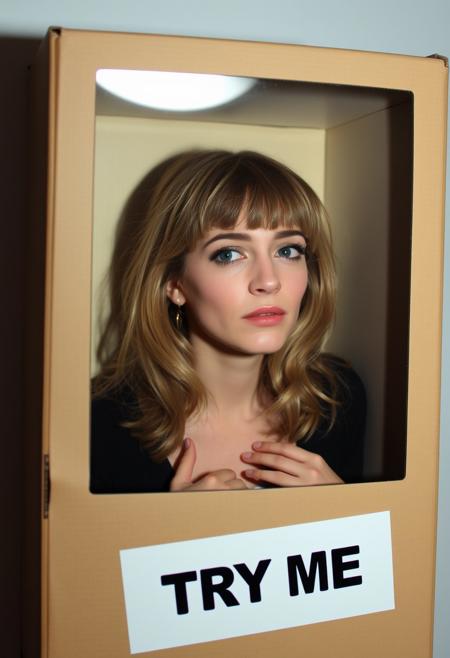 A woman is trapped in a box, showing full body in the box and  pretending to be a toy with a "TRY ME" sticker on the front of the box. The woman had no mood shows, and a teardrop came out of her right eye.
