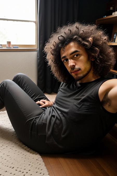 RAW photo, selfie, subject, high quality, armoutstretched, pov, personal, intimate, self-portrait, white male, afro hair, black hair, ethnic, wearing a black shirt, room in background, dark room, dark