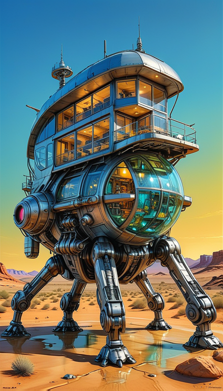 (cel-shading:2)+, (in ARTIST style:1.6), (masterpiece:1.7), hyperrealism, glossy, shinny,
clear image, accurate picture, clear picture, precise image, focused image, Science fiction style, Science fiction,
(glass and metal house with cozy comfy living space inside) on mechanical legs, science fiction, aquarium on mechanical legs focus, night desert background, mecha,
comic style, (ultra sharp focus:2), (thin lines:2),
(best quality:1.8),
<lora:Apparatus_-_Traction_City_Walkers_Vehicles:0.8>,