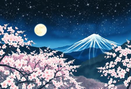 An incredibly beautiful garden of blooming sakura on the mountain slopes, illuminated by a bright moon, dark night, very starry sky, many bright stars in the sky, in the style of a Japanese watercolor painting, delicate brushwork, soft pastel colors, serene atmosphere