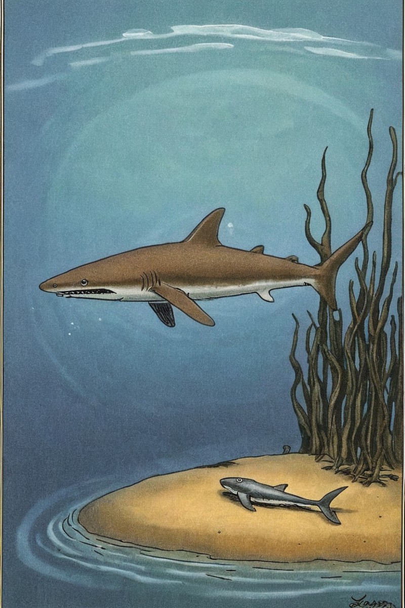 a color far side comic strip illustration of  a Pygmy Shark by Gary Larson, <lora:Gary_Larson_Style_XL_Color_Far_side-0000...