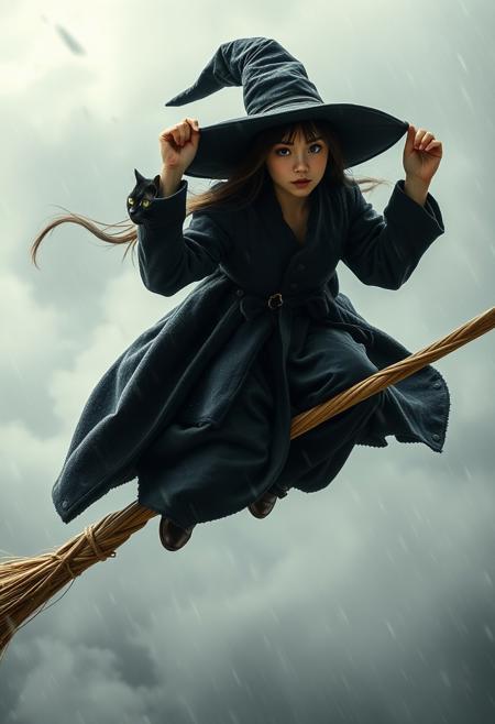 Create a vintage closeup analog photograph of a charming buxom adult japanese witch named Kiki flying through a raging storm on her broomstick. rain particles, storm, atmospheric light from dense translucent blizzard clouds, Despite the fierce winds, A cute black cat sits in front of her on the broom, braving the storm alongside her. Kiki is dressed in a weathered, long black Renaissance wool coat, with a simple, tight-fitting black wool dress with a high collar underneath. Her long, pointed witch hat is in danger of being blown away, so she holds it firmly on her head as she soars through the stormy, cloud-filled sky.
