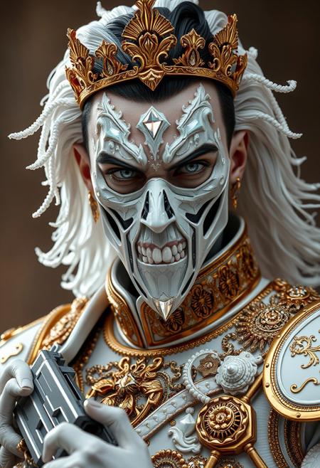 Full body portrait, angry expression, looking at camera,  whole body in frame, 
man, tall smart person, royal soldier, royal military, regal being,
ornate uniform, (white and gold porcelain royal celestial clothes), holding scifi weapon, mechwear, commando uniform, crystal details in armor, crystal ornate earrings, crystal jewelry, ornate fractal face mask, ornate gold dainty details fractal armor,
((((crystallization of the face)))), teeth made of quartz, ((((eyes made of ulexite)))), hair made of Fanlike acicular-fibrous crystal groups, thin crystal hair, flowing white fractal hair, large perfect eyes, crystal iris, eyes made of crystal, ((white porcelain skin)), (white_skin), glowing clear eyes, celestial eyes,  interweaving techno-anatomical and fractal elements, Ellen Jewett's intricate sculptural craftsmanship, no eyebrow hair,
dynamic lighting highlighting multifaceted textures, cinematic post-processing for an exquisite visual narrative, breathtaking surreal masterpiece,
sci-fi royal palace setting, single source lighting, low light setting, dark room, intense lighting,