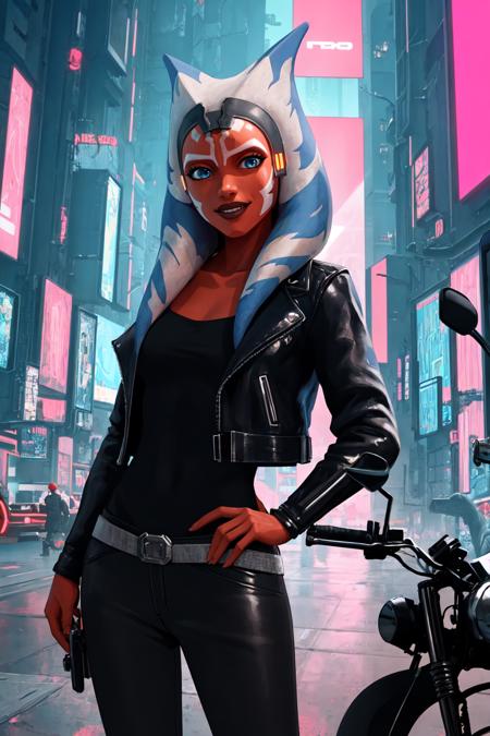 (masterpiece, best quality), (cyberpunk:1.2), outdoors, cyberpunk city, cowboy shot, 1girl, solo, AhsokaS7, colored skin, medium breasts, blue eyes, <lora:AhsokaS7_V1-Manityro-dadapt:1>, toned, looking at viewer, smile, collarbone, biker jacket, black top, leather pants, leaning on motorcycle,