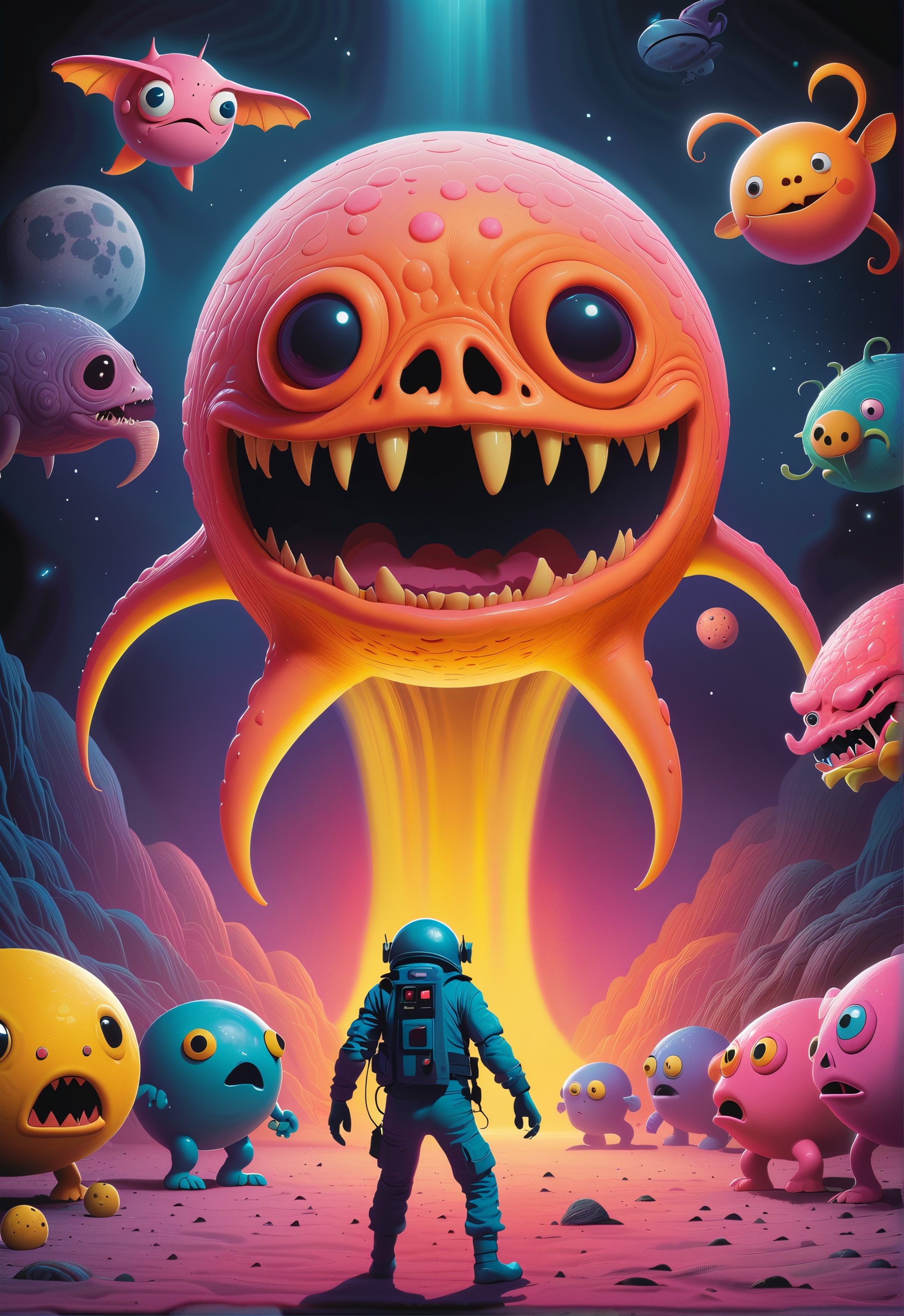 Horror movie still. A single yellow slavering monster pac-man hunts an unsuspecting red, blue, pink and orange astronauts,...