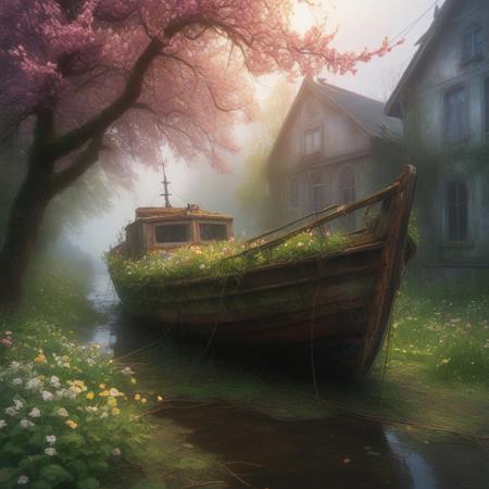 Abandoned boat entangled in vibrant spring blooms, 
shimmering Monge-inspired watercolor effect, 
set in a Gothic atmosphere reminiscent of Artgerm and Rutkowski, 
embraced by rain and fog, 
central figure asserting presence against a digital backdrop in the style of Stålenhag, 
basked in golden hour light, 
wide-angle capture aligning with the golden ratio, 
textures richly detailed, 
digital painting