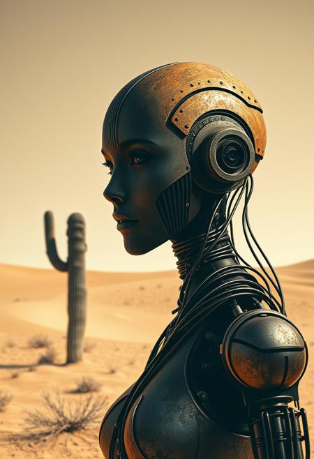 Text'beach where', Vector Art, Two Toned bleaked beige-red and black, Closeup Portrait, Monochrome, Closeup Portrait of a minimalism surreal Silhouette Striped old rusty Female steampunk cyborg made of blue-gold metal, its body is made entirely of lines and Stripes resembling wires, the eyes are dimly lit, and one arm is missing. It stands in a dusty desert in scorching heat. A cactus can be seen with an earth Like halo infront a Striped deep space embedded in a grignani inspired monochrome with greyscale lines, an Image completely made of bold thick lines, perfectly aligned, a Illusion Made of lines
