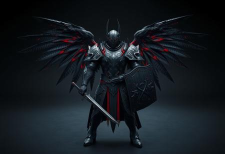 A dark fantasy Matte Painting rendered in Houdini Style and Grammer Effect, featuring a grimdark armored figure positioned center frame against a deep dark gray backdrop. The figure possesses an aura of overwhelming power, encased in highly detailed black armor accented with vivid red, and a helmet with a hidden visor. Expansive black wings with touches of red signify its otherworldly nature. A battle-ready sword is in the right hand, and a defensive shield in the left. This is a High-res, 4K, Exceptional Quality image with More Detail, Lifelike Details, Super Detailed Face and Eyes and Clothes (armor intricacies), Handcrafted with Precision, High Quality, Sharp Lines and Brush Strokes, Stunning Colors, Harmonious Colors, Multi Colored tones, Contemporary Aesthetics, Impeccable Composition, Creative Angle, Attractive Background, Balanced Editing, Intentional Focus, Well-timed Moment. The view is Isometric, capturing a Dynamic Action Pose with Captivating Lighting, rendered with an Octane Render approach, achieving Vivid Emotions and a Powerful Message, with Beautiful Detailed Eyes (as part of the detailed aesthetic). Inspired by CGSociety and trending on ArtstationHQ, composed according to the Golden Ratio.