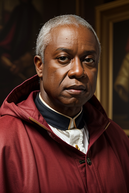 AndreBraugher, photography by (David LaChappelle:1.3), modelshoot, pose, king, (long red cape), (closeup on upper body:1.3), Flemish masters, luxurious fabrics, silk, Versailles, French aristocracy, palace interior, 1782, large oil paintings on walls, portrait