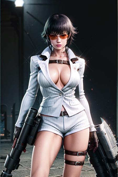 (masterpiece, best quality:1.2), lady, dmc, dmc4, white striped suit, 1girl, solo, heterochromia, red eyes, blue eyes, black hair, tinted eyewear, striped, shorts, thighs, weapon, red gloves, huge weapon, cleavage, large breasts, rocket launcher, scar,  gun, <lora:LADY-15:0.8>