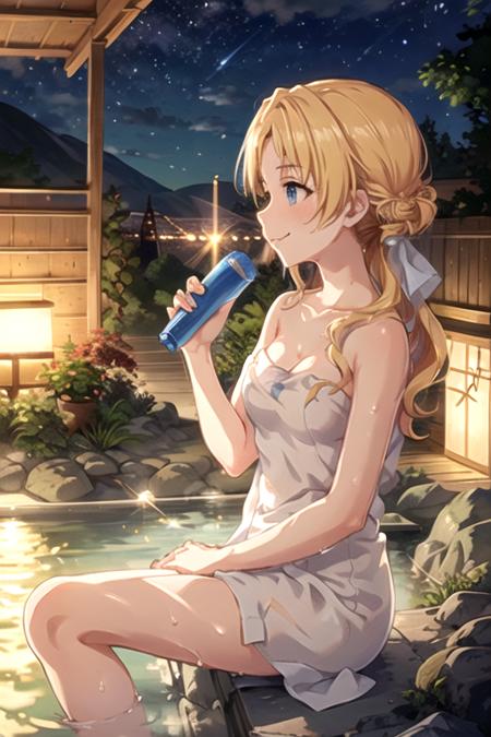 <lora:TsukasaKiryu-10:0.7> ,kiryut, 1girl, solo, long hair, blush, smile, blue eyes, blonde hair, cleavage, bare shoulders, medium breasts, sitting, collarbone, sky, water, wet, profile, night, looking away, towel, building, star (sky), night sky, lens flare, onsen, bush, naked towel, bokeh, city lights