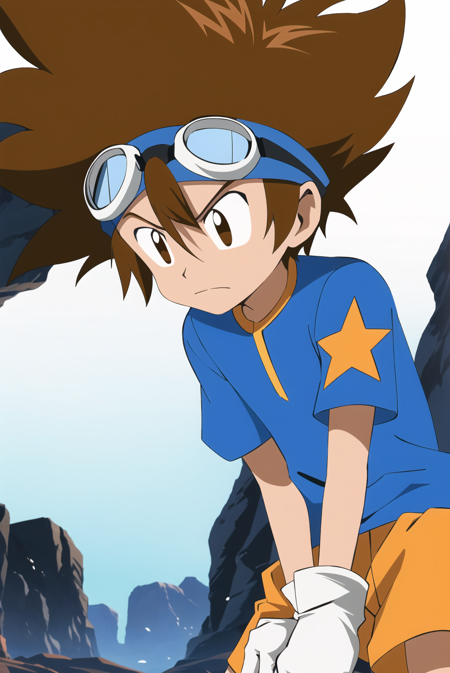 digimon, brown hair, solo, male focus, 1boy, goggles, brown eyes, gloves, goggles on head, star \(symbol\), frown, spiked hair, cave,   ((masterpiece)) <lora:digimon_offset:1>