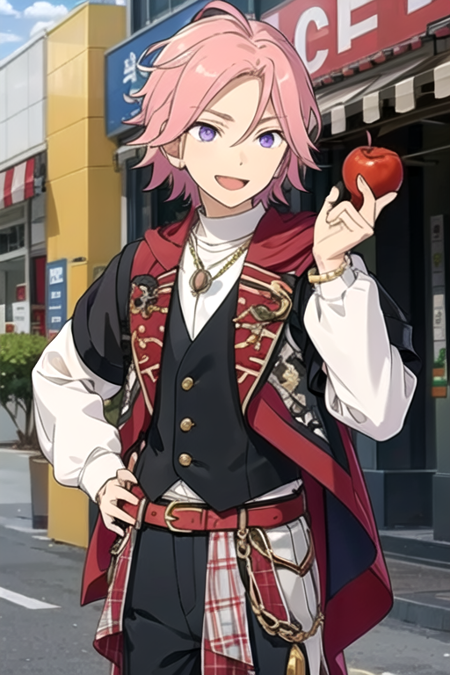 <lora:KohakuES-08:0.7>,kohakues, solo, smile, short hair, open mouth,  shirt, long sleeves, 1boy, jewelry, purple eyes, white shirt, pink hair, :d, male focus, food, belt, pants, hand up, necklace, vest, hand on hip, fruit, black pants, black vest, apple