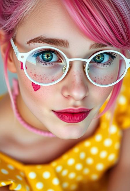 The entire photograph is monochrome, except for the blue eyes. The image is a close-up, high-angle portrait of a young 18 y.o. woman with striking green eyes, in round white glasses, with a pink choker. She is looking directly up at the camera, creating a strong connection with the viewer. Her facial features are soft, and she has a natural, almost ethereal beauty with a face full of freckles that add to her youthful and fresh appearance. There are tattos, pink symbol of heart, on each cheeks. Her pink hair is styled with a side-swept fringe that partially covers her forehead, and the rest of her hair appears to be tied back or away from her face. She is wearing a yellow dress with white dots, which can be seen in the lower part of the image. The focus on her eyes and face gives the image an intimate and engaging quality, with the high resolution capturing every detail of her skin and expression. The background is softly, emphasizing her face as the central point of the image. The overall feel of the image is delicate, natural, and photorealistic, capturing the subject's innocence and charm.