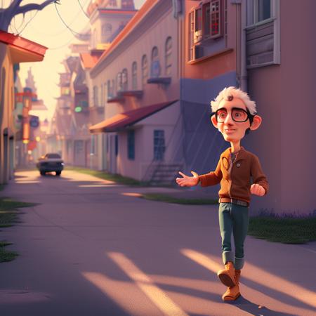 portrait of man strolling around small town in the morning, cartoon_character