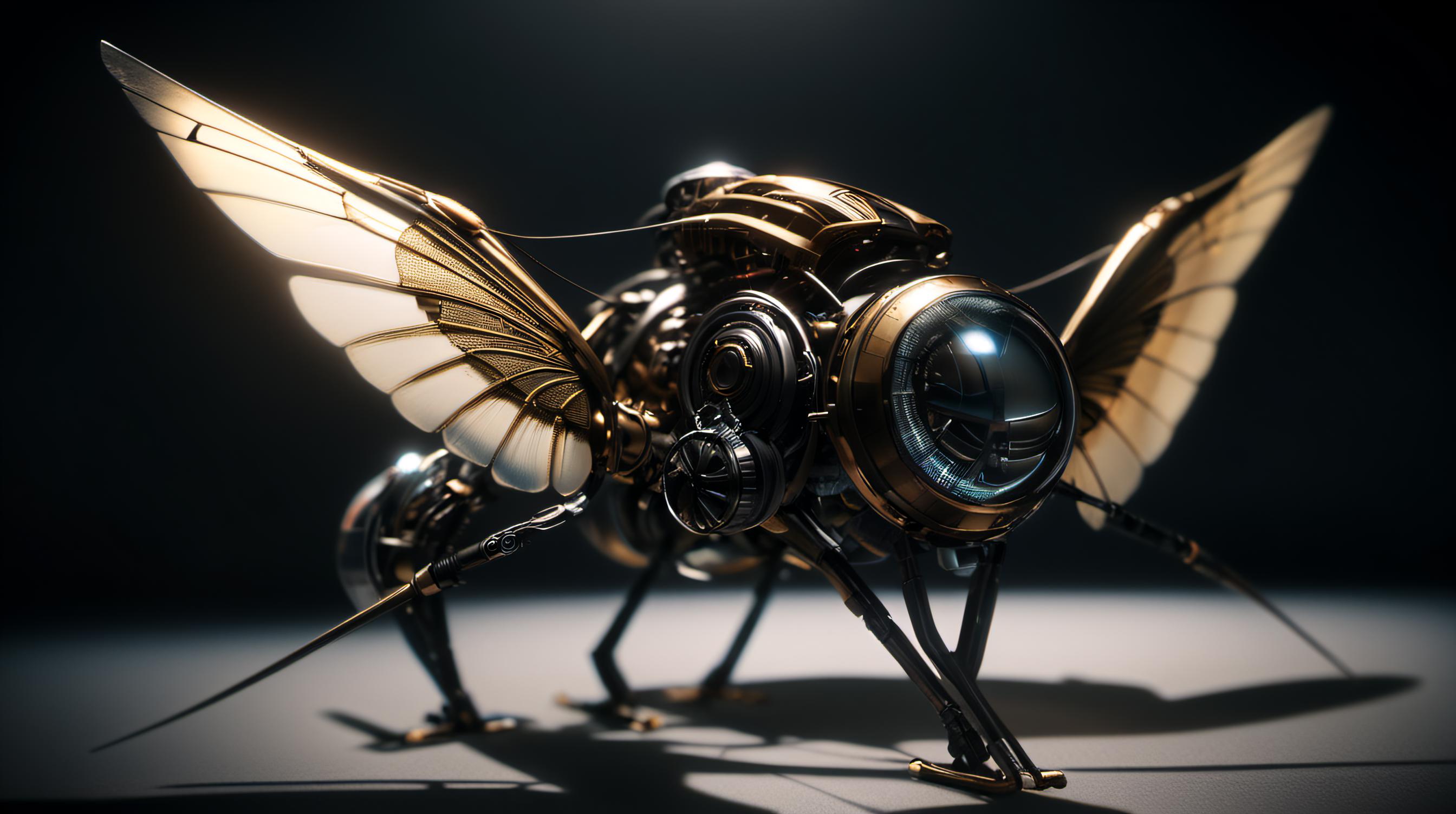 A gold and silver robotic insect with gears and a glass dome.