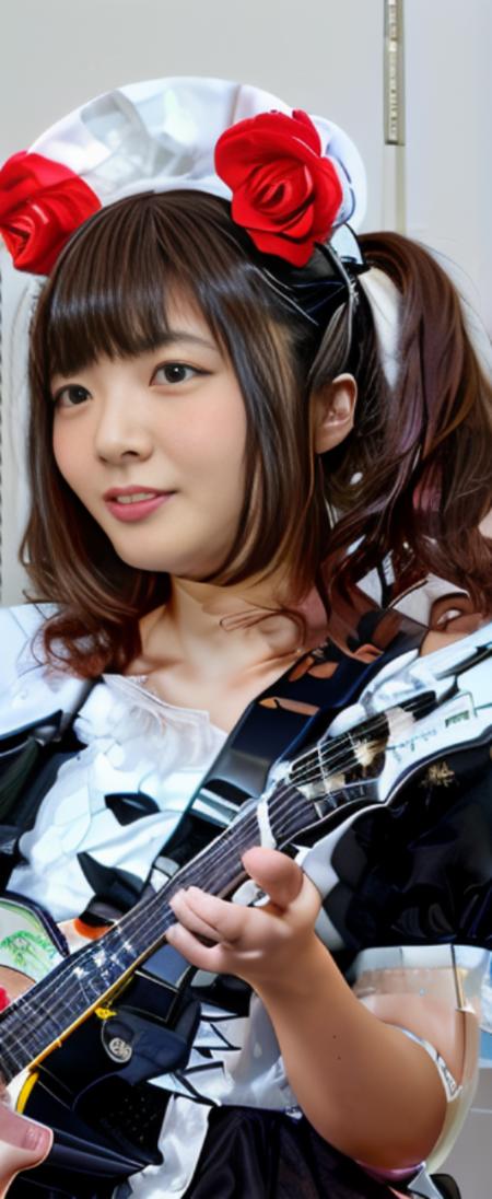 girl in a main costume playing the guitar with a flower on her head, beautiful Japanese face  <lora:MikuV4-15:1>