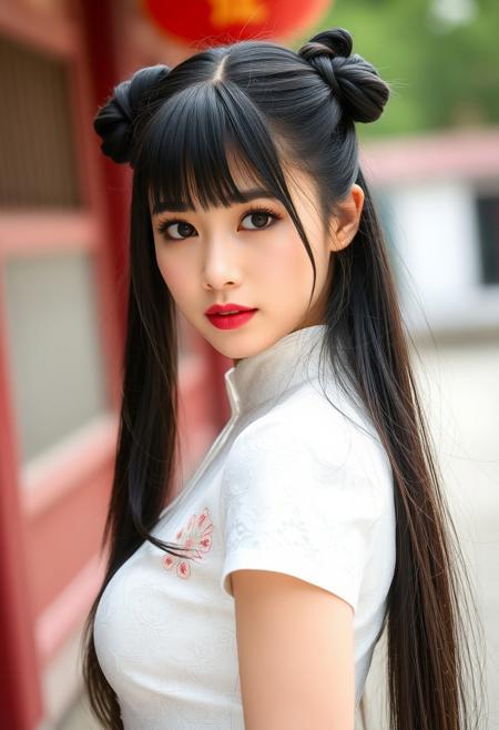 a gorgeous 20 years old asian woman, very pale skin, very long black hair in pigtails buns and bangs hanging down, long black eyelashes, black mascara, black eyeliner, big brown eyes, pink sparkling smokey eyes eyeshadow, luscious sensual pink glossy lips with light pink highlights, rosy rouge, sexy elegant curves, White Lace Cheongsam Short Sleeve Traditional Vintage Dress with Slim Embroidery, looking at viewer sensually and dominantly, Oriental Outdoors