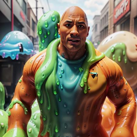 (dwayne the rock johnson wearing a slime firefighter outfit:1.25), multicolored, <lora:paintpop:0.71>, paintpop, cute face, perfect face, rtx on, ray tracing enabled, 3d render, octane render