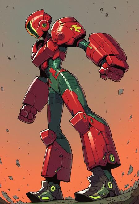score_9, score_8_up, score_7_up, full portrait, battle scene, dynamic scene, mythology, cyberpunk, woman in power armor exoskeleton,  clenched hands, feet, oversized boots, from the side, from below,