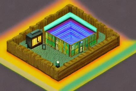 a photo of the weird Isometric_Dreams, a computer generated image of a house with a library and a bed in the center of the house, and a fireplace in the middle, duskametric15