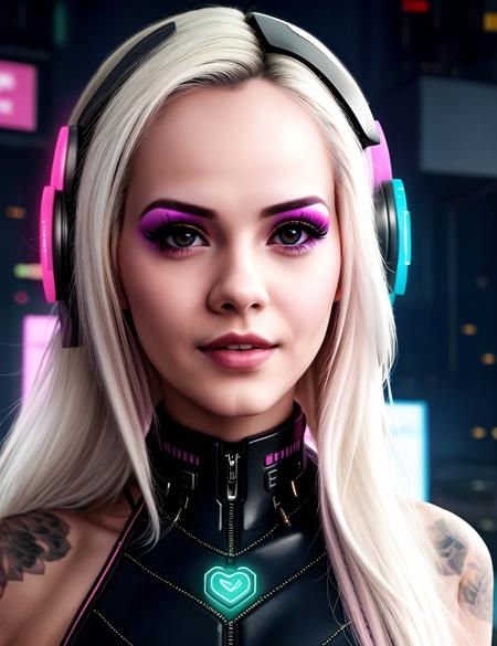 a cute girl, in dress, close up <lora:ElsaJ:0.9>, (Cyberpunk), futuristic, neon, urban, dystopian