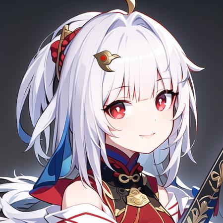 (best quality), detailed drawing,  (masterpiece), simple background, near shot, upper body,1 girl, quan style, avatar, 
 cute,long white hair, red eyes, <lora:3loraGuofeng3Lora_v32LoraBigLight:0.7:clothe>,
smile, closed mouth,  looking at viewer,  <lora:quan_style_v2:0.8:OUTALL>